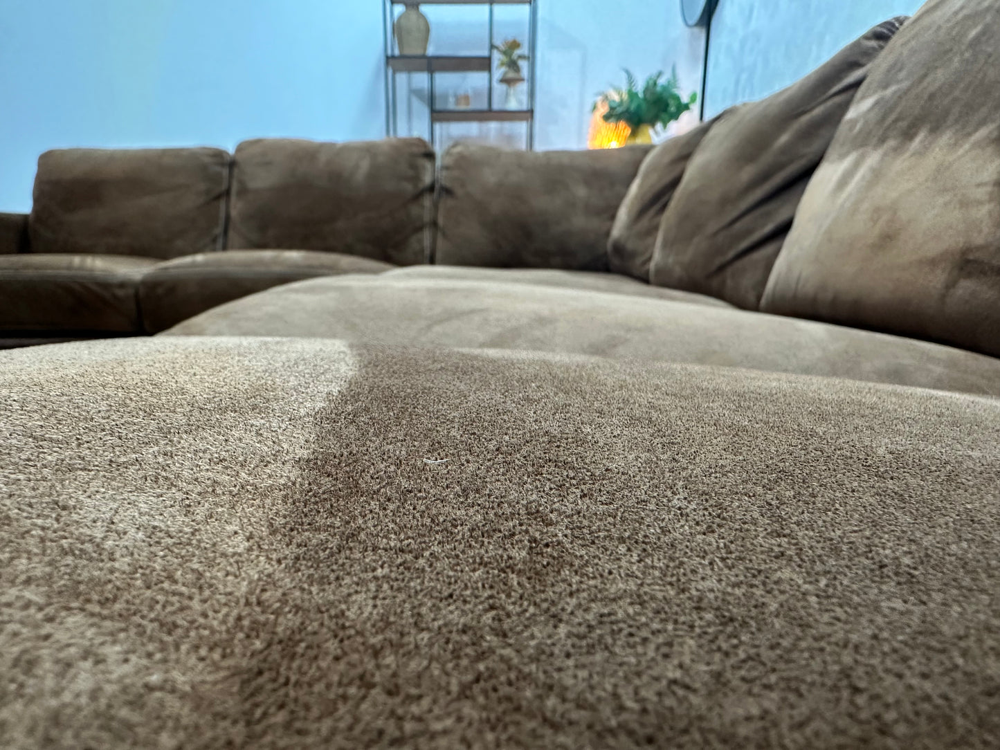 Cognac Bruine Velvet Hoekbank ~ Vaste Kussens