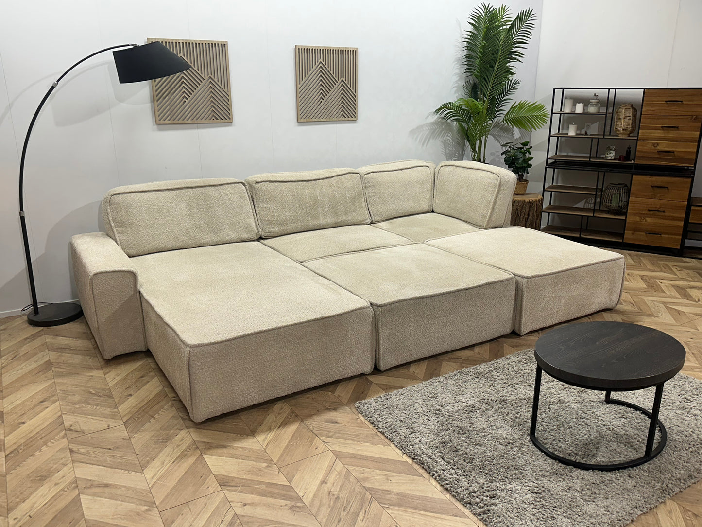 Crème Modulaire Bouclé Stoffen U Bank ~ Losse Rugkussens Met Afneembare Hoezen