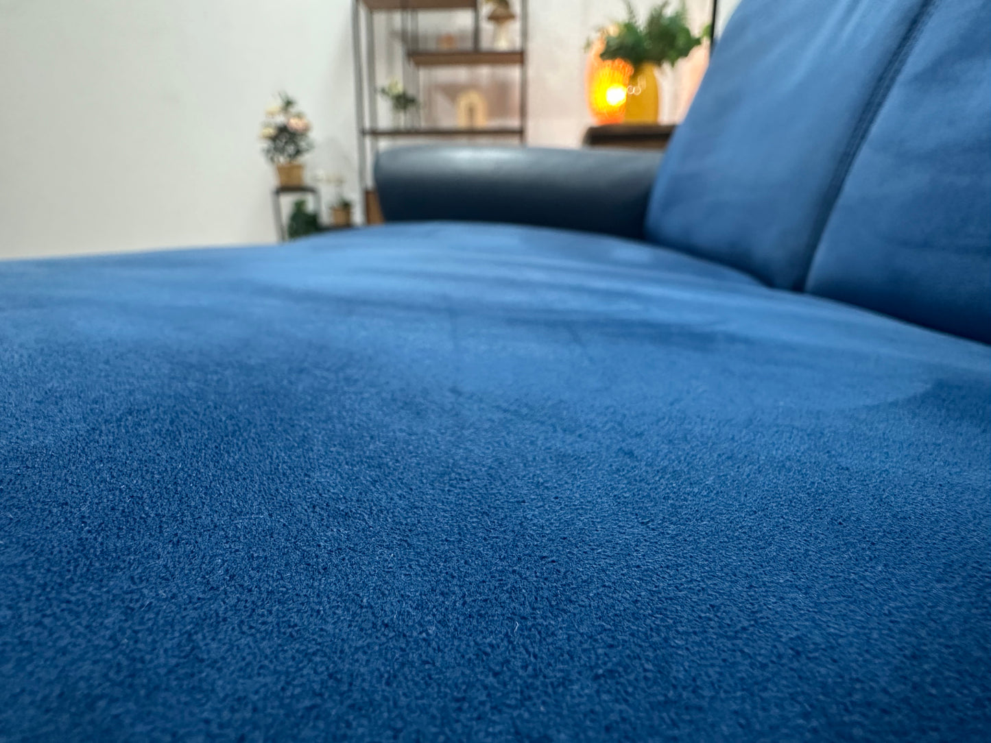 Blauwe Velvet/Lederen 2.5-Zits Bank ~ Vaste Kussens