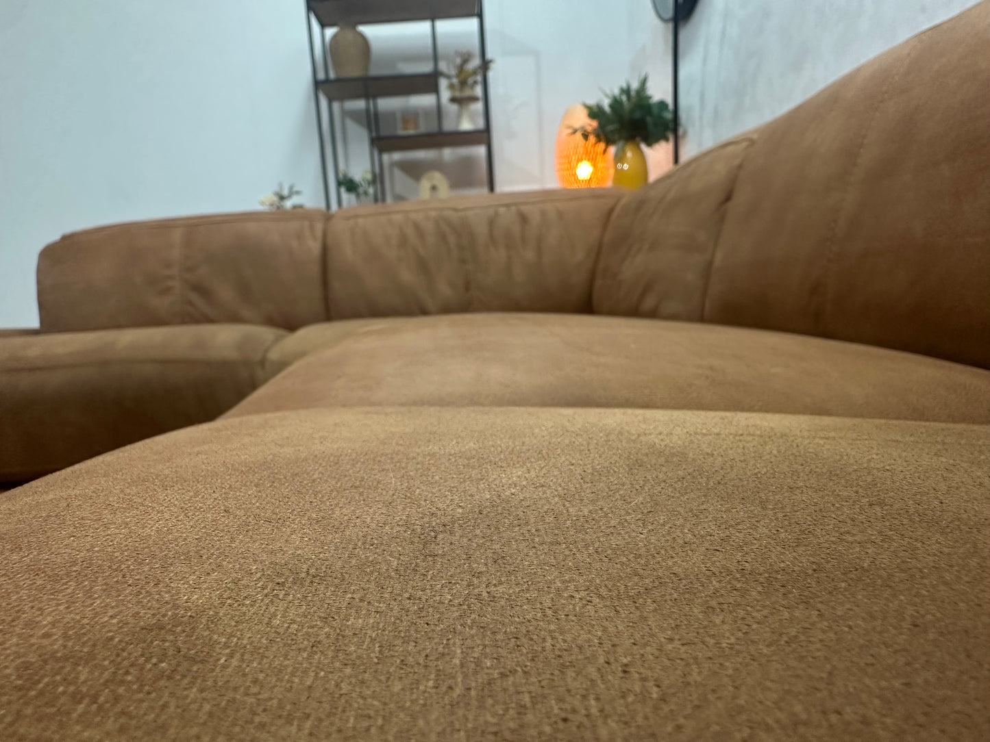Cognac Bruine Suede Stoffen Hoekbank ~ Relaxfunctie