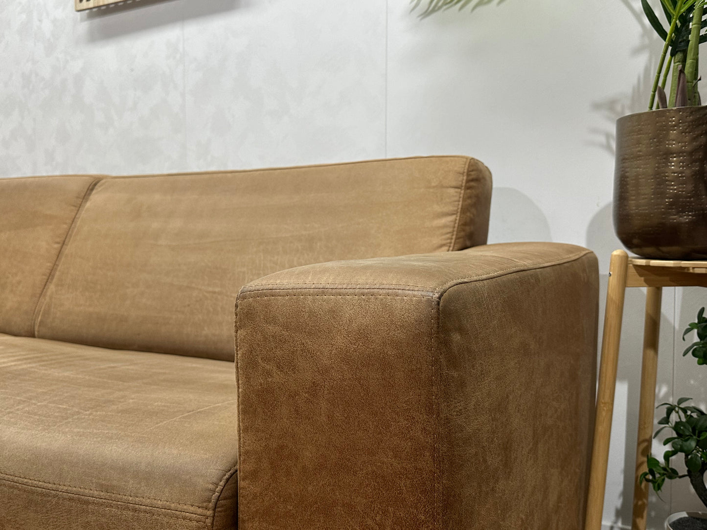 Cognac Bruine Suède Stoffen Hoekbank ~ Vaste Kussens