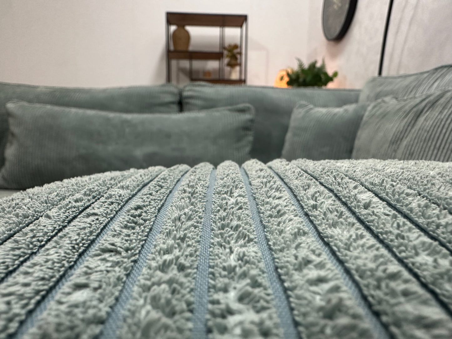 Licht Blauwe Ribstof Hoekbank ~ Losse Kussens Met Afneembare Hoezen