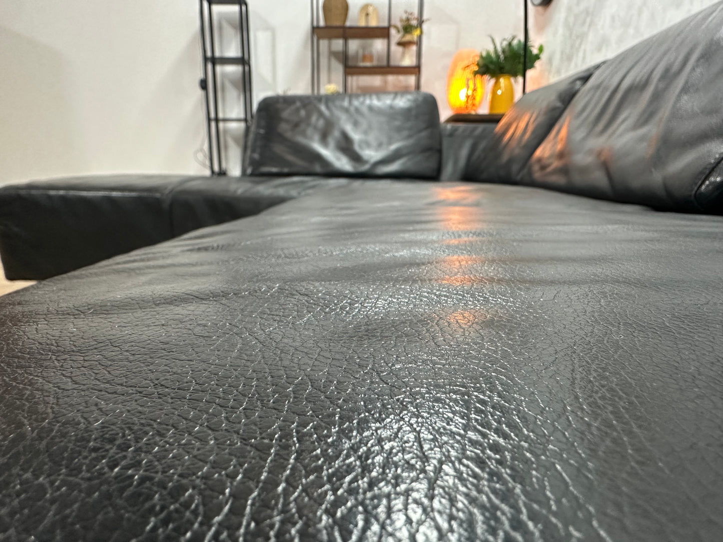 Zwarte Echt Lederen Hoekbank Inc Hocker ~ Vaste Kussens