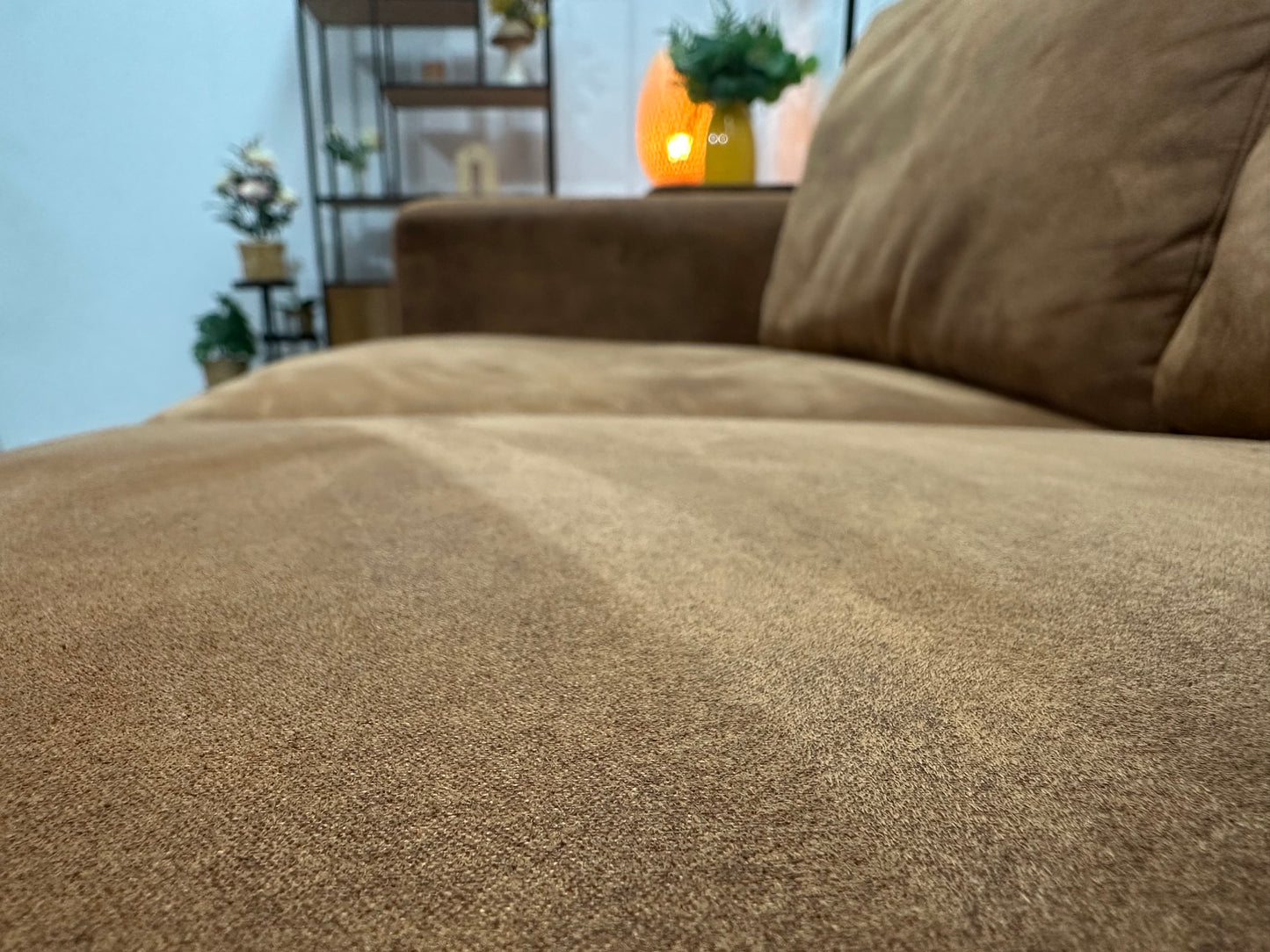 Cognac Bruine Suède Stoffen 3-Zits Bank ~ Losse Kussens Met Afneembare Hoezen