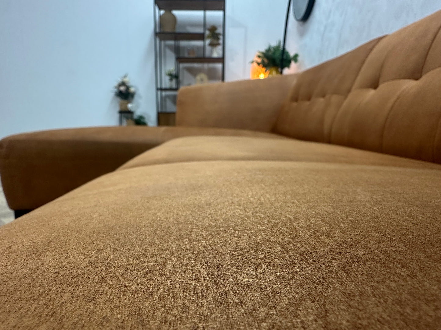 Cognac Bruine Suède Stoffen Hoekbank ~ Vaste Kussens