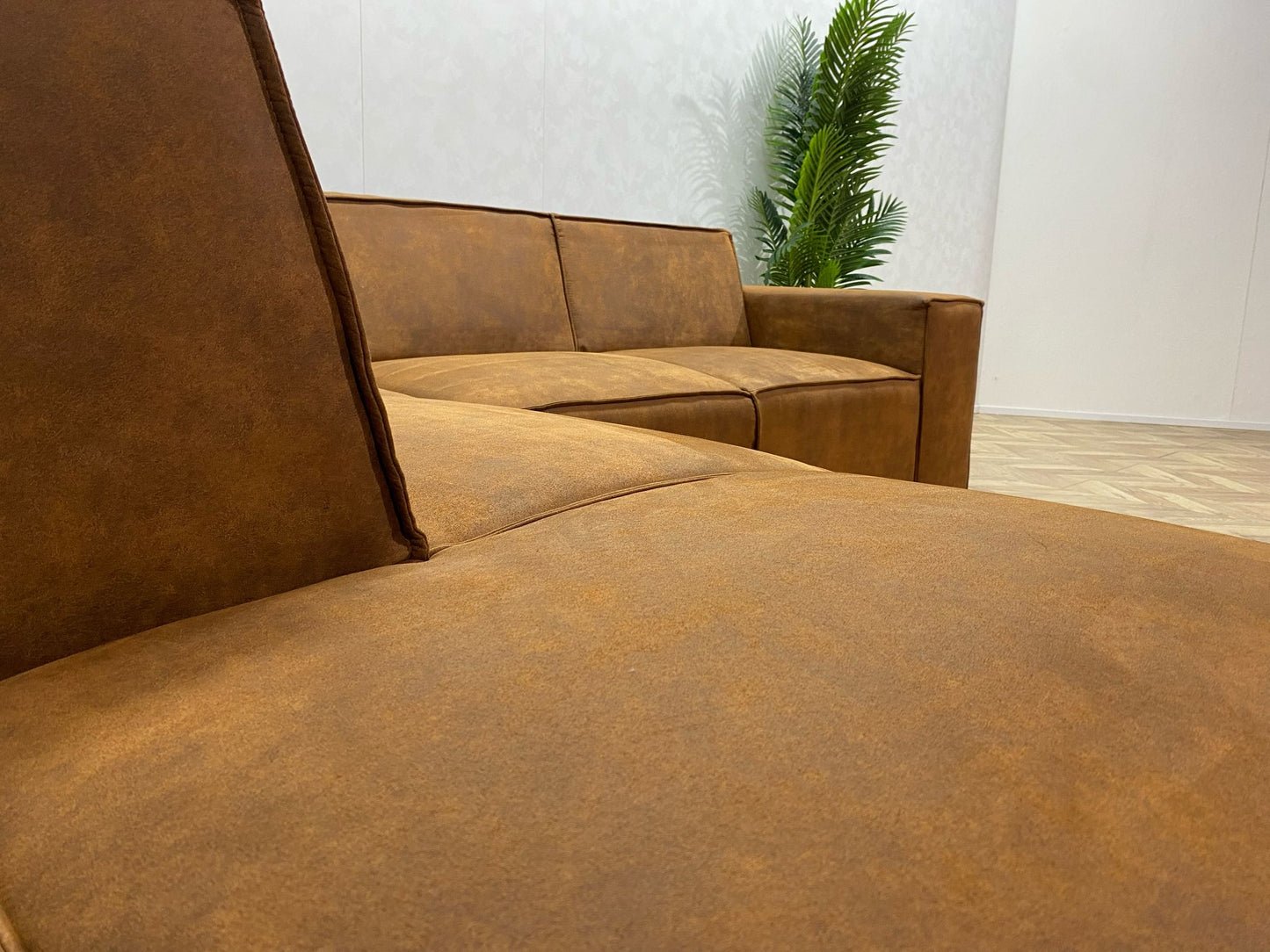 Cognac Bruine Hoekbank ~ vaste kussens