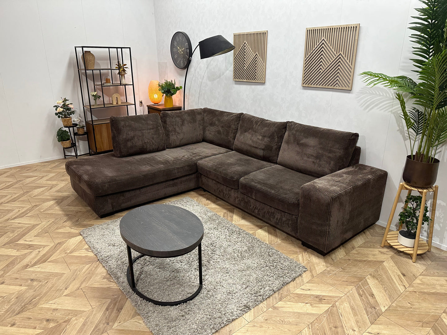 Bruine Ribstof Hoekbank ~ Losse Kussens Met Afneembare Hoezen