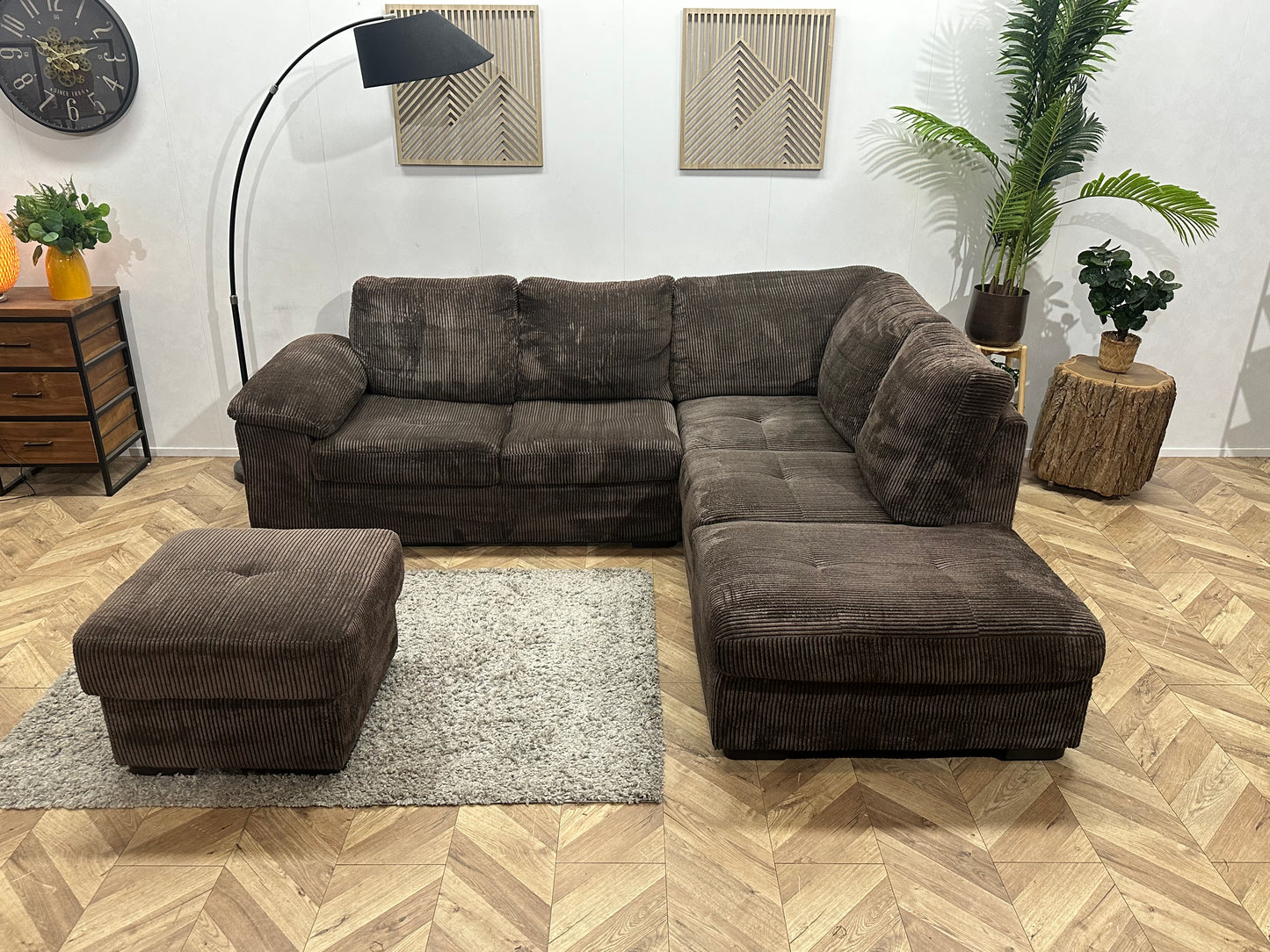 Bruine Ribstof Hoekbank Inc Hocker ~ Vaste Kussens