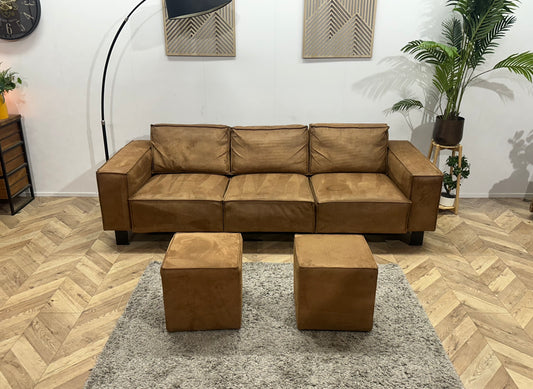 Cognac Bruine Suède Stoffen 3-Zits Bank Inc Hockers ~ Losse Rugkussens Met Afneembare Hoezen