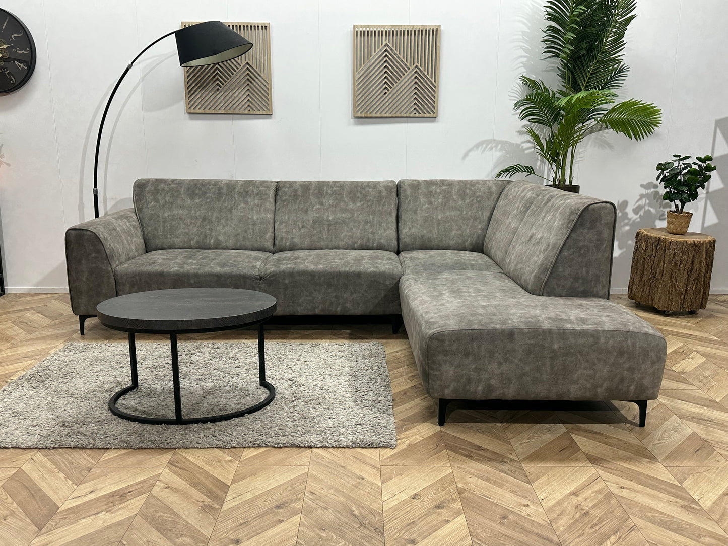 Grijze Velvet Hoekbank ~ Vaste Kussens