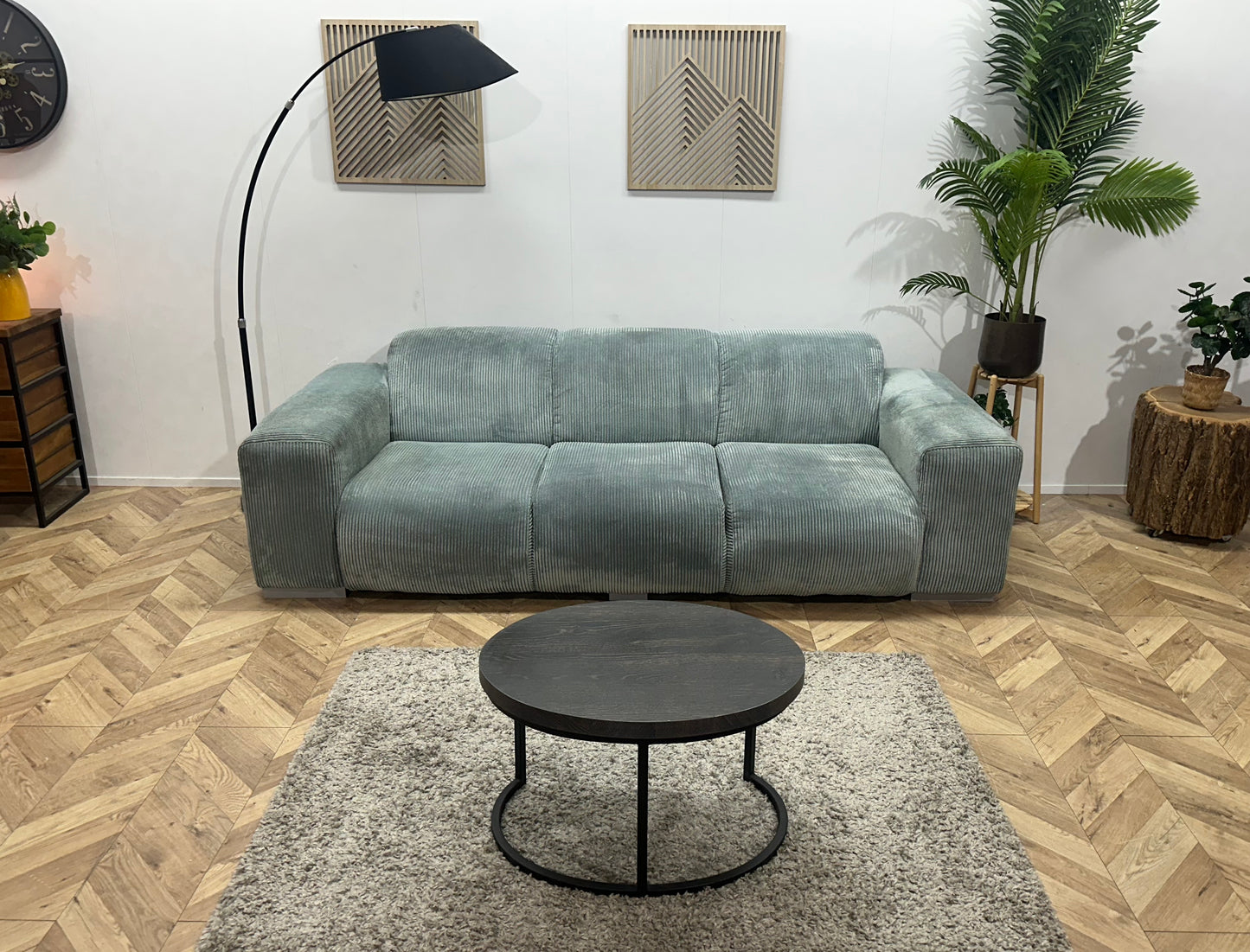 Licht Blauwe Ribstof 3-Zits Bank ~ Vaste Kussens