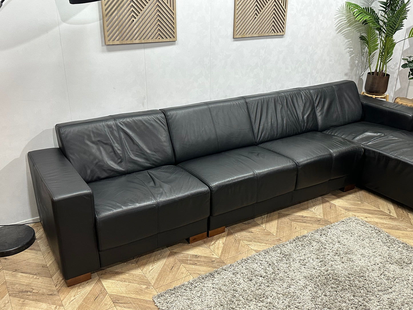 Zwarte Echt Lederen Hoekbank ~ Vaste Kussens