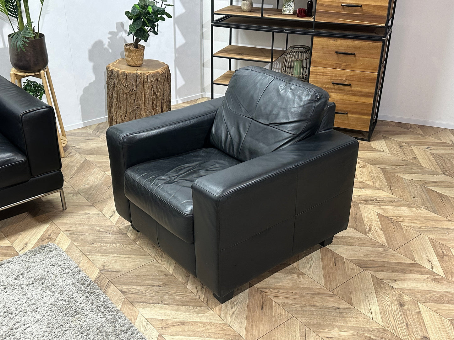 Zwarte Echt Lederen Banken Set Inc Fauteuil ~ Vaste Kussens