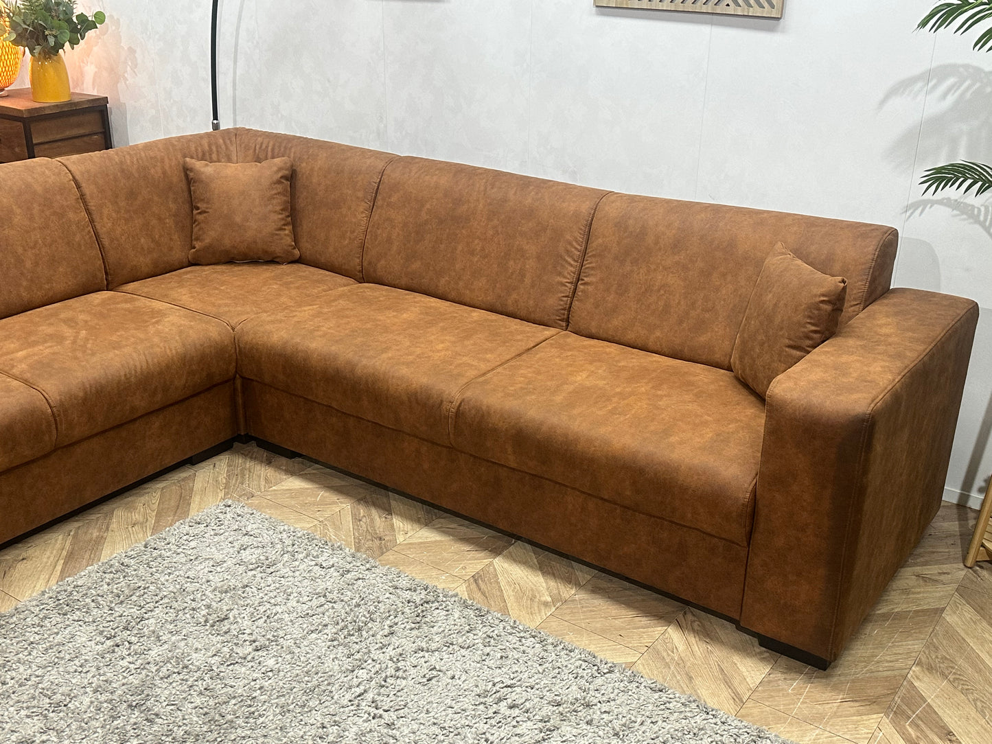!Showroommodel! Cognac Bruine Suède Stoffen Hoekbank