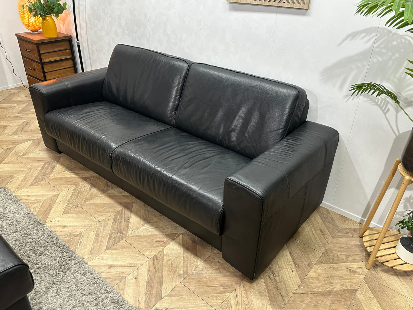 H&H Zwart Lederen Banken Set Incl Hocker ~ Vaste Kussens