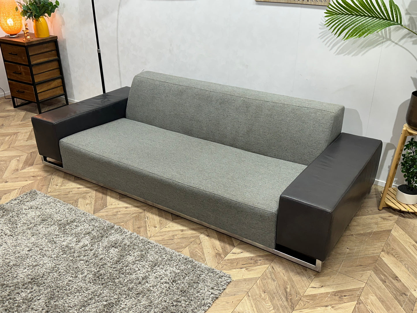 Licht Grijze/Antraciet Stoffen/Echt Lederen Design 2.5-Zits Bank ~ Vaste Kussens