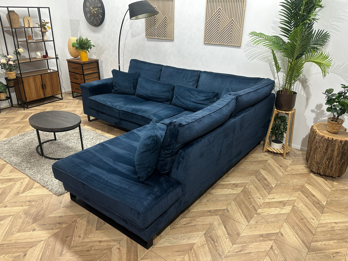 Blauwe Velvet Hoekbank ~ Losse Kussens Met Afneembare Hoezen