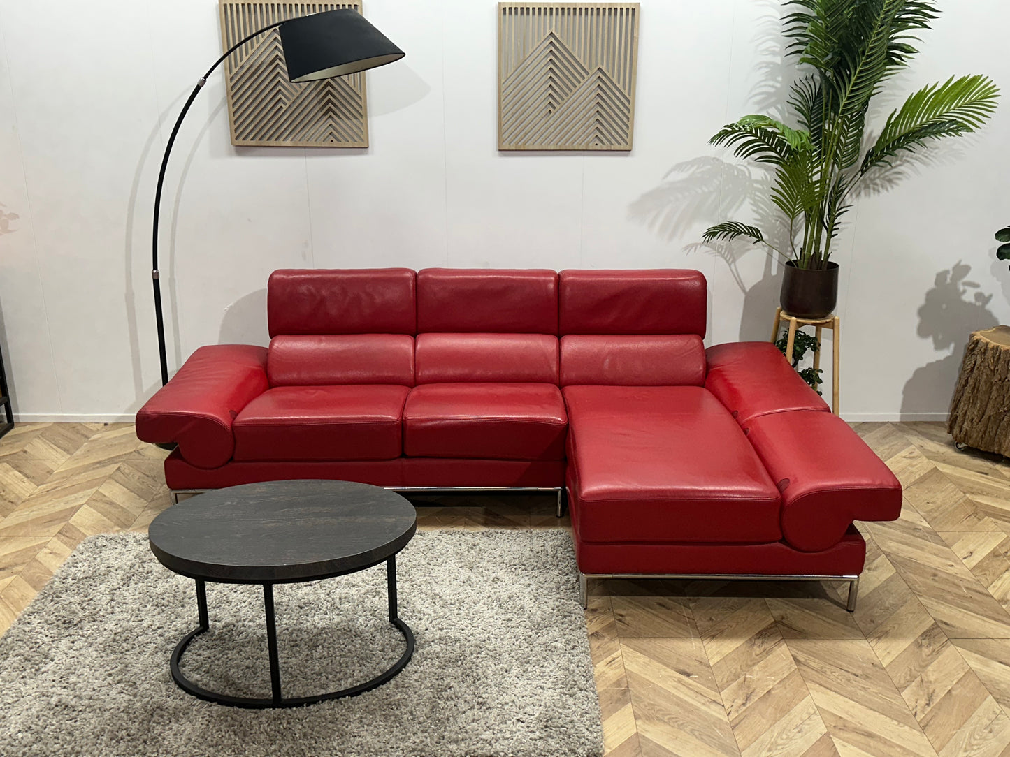 Rode Echt Lederen Hoekbank ~ Verstelbare Arm/Hoofdsteunen