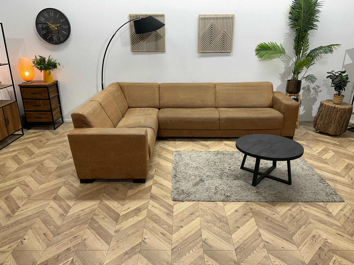 Cognac Bruine Suède Stoffen Hoekbank ~ Vaste Kussens