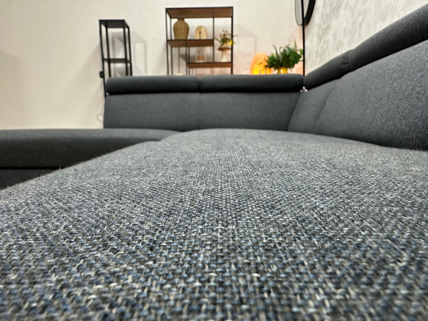 Montèl Blauwe/Grijze Hoekbank ~ Verstelbare Arm/Hoofdsteunen