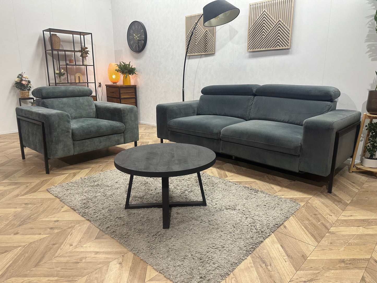 Feelings Blauw/Grijze Velvet 2,5-Zits Bank Inc Groen/Grijze Velvet Fauteuil ~ Verstelbare Hoofdsteunen