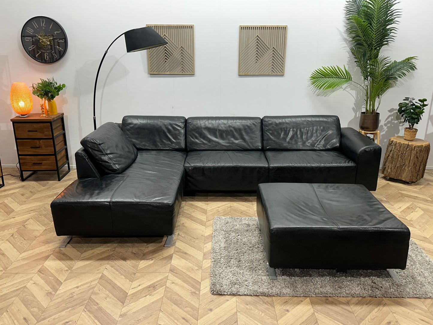 Zwarte Echt Lederen Hoekbank Inc Hocker ~ Vaste Kussens