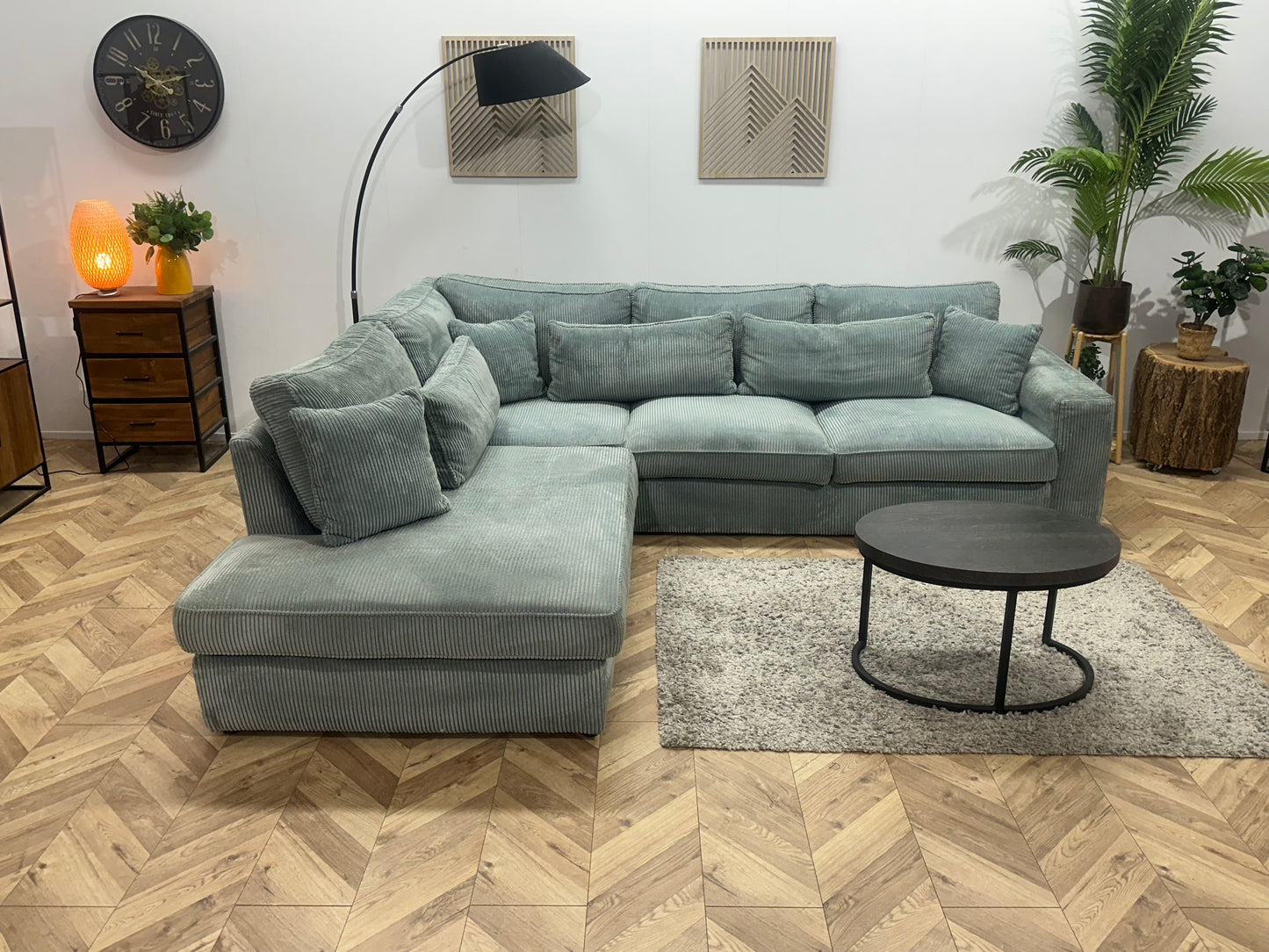 Licht Blauwe Ribstof Hoekbank ~ Losse Kussens Met Afneembare Hoezen