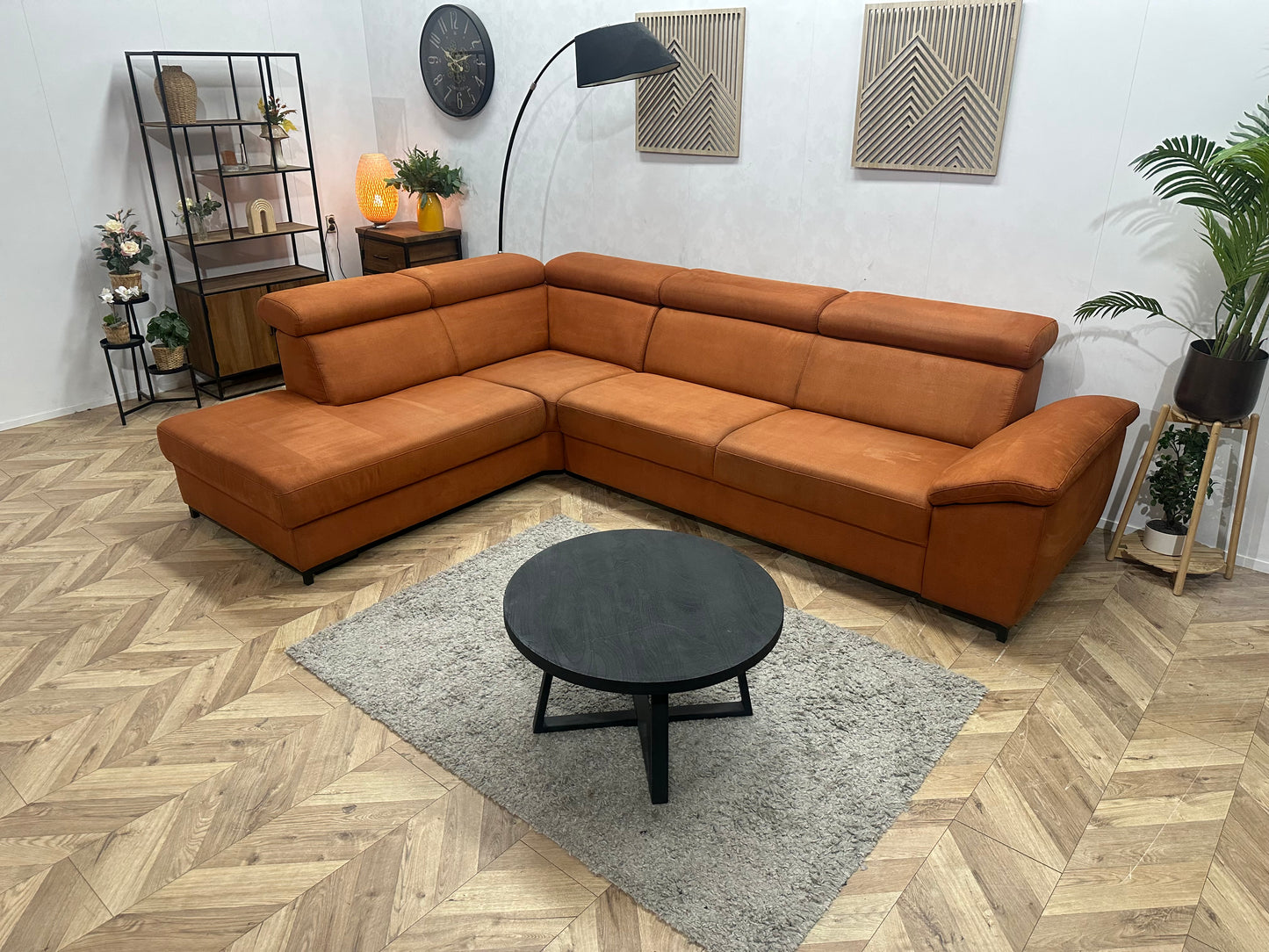 Cognac Bruine Suède Stoffen Hoekbank ~ Verstelbare Arm/ Hoofdsteunen