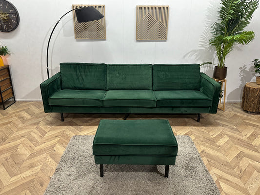 Be Pure Groene Velvet 3-Zits Bank Inc Hocker ~ Losse Kussens Met Afneembare Hoezen