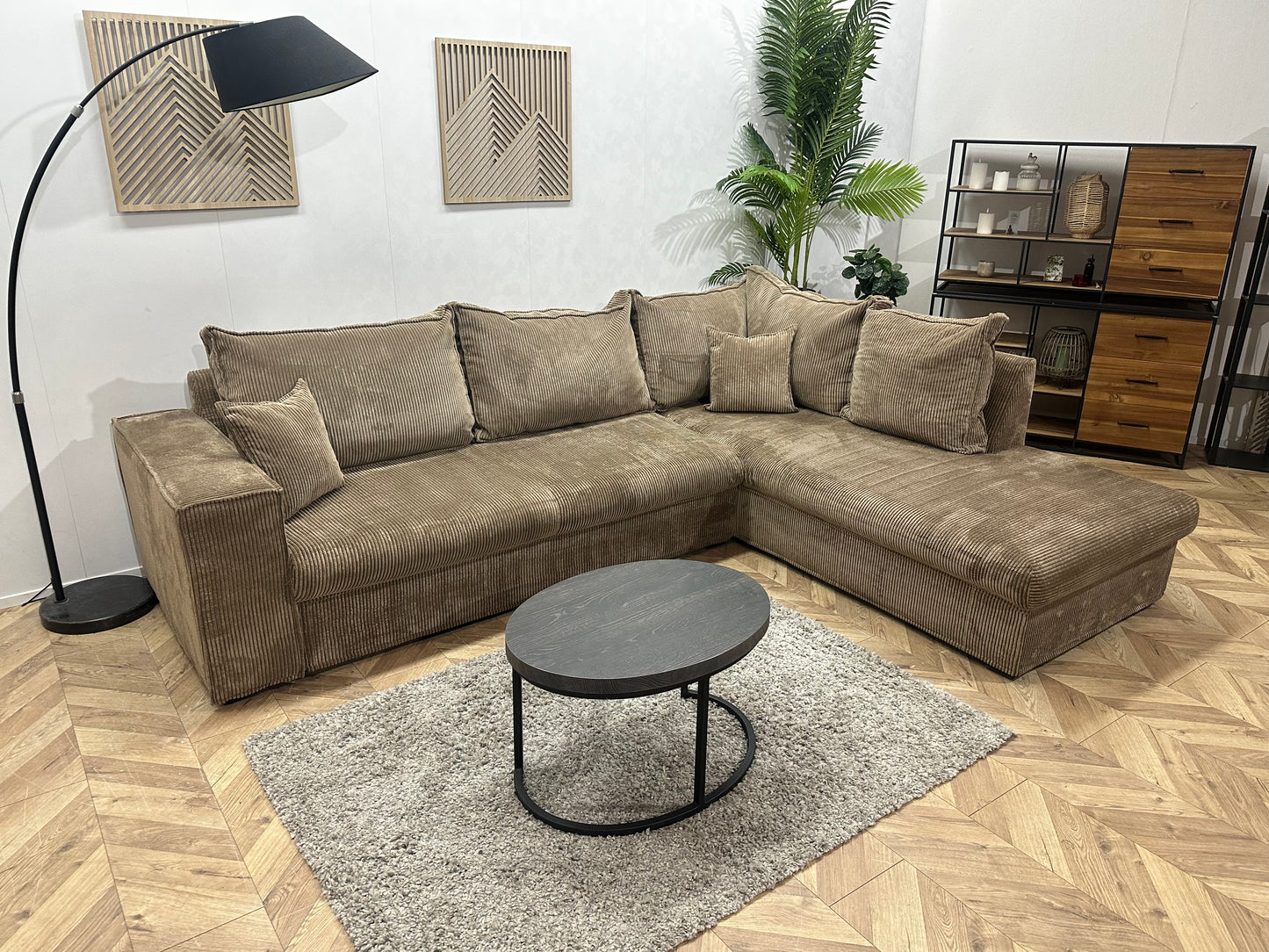 Bruine Ribstof Hoekbank ~ Losse Kussens Met Afneembare Hoezen