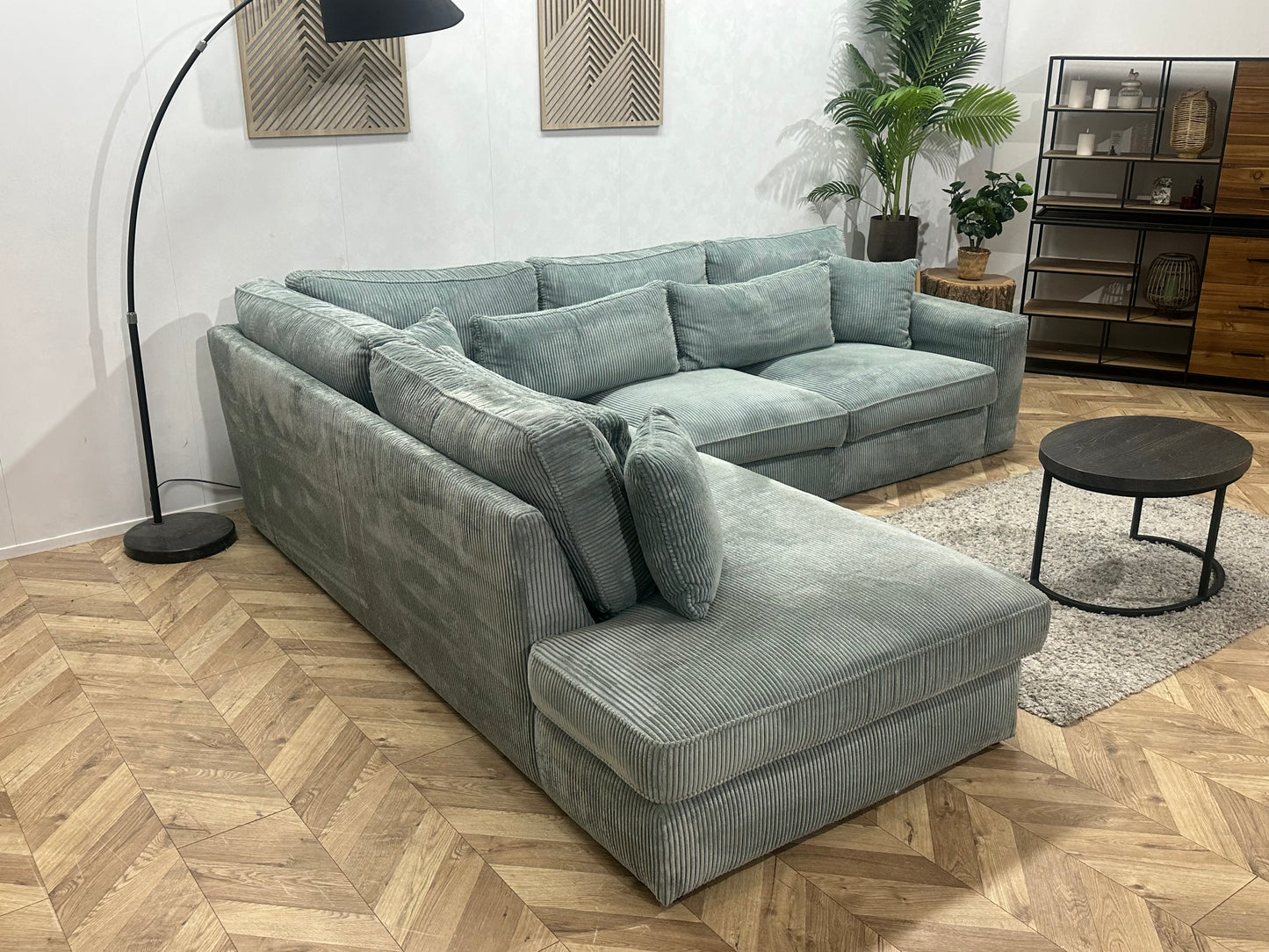 Licht Blauwe Ribstof Hoekbank ~ Losse Kussens Met Afneembare Hoezen