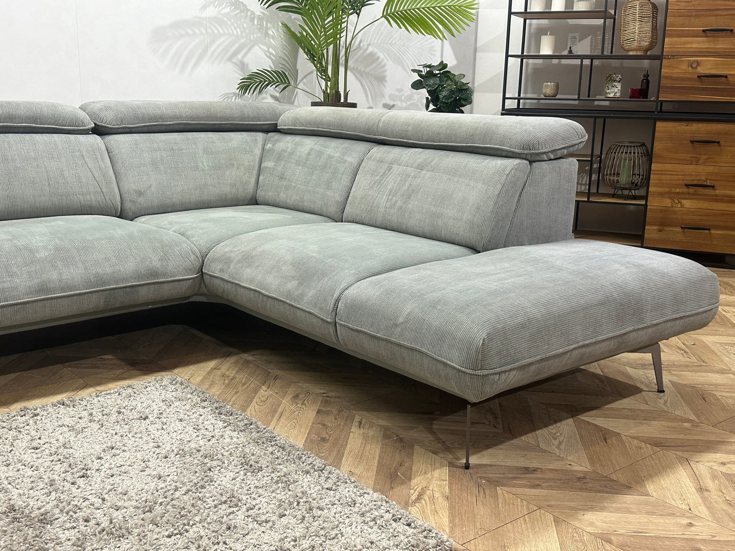 Xooon Licht Grijze/Blauwe Ribstof Hoekbank ~ Verstelbare Hoofdsteunen