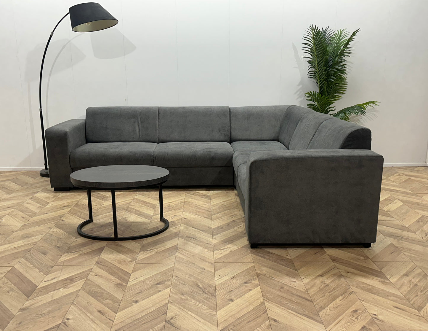 !Showroommodel! Antraciet Suède Stoffen Hoekbank