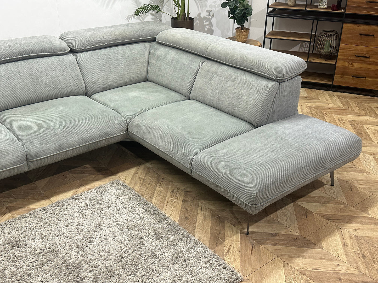 Xooon Licht Grijze/Blauwe Ribstof Hoekbank ~ Verstelbare Hoofdsteunen