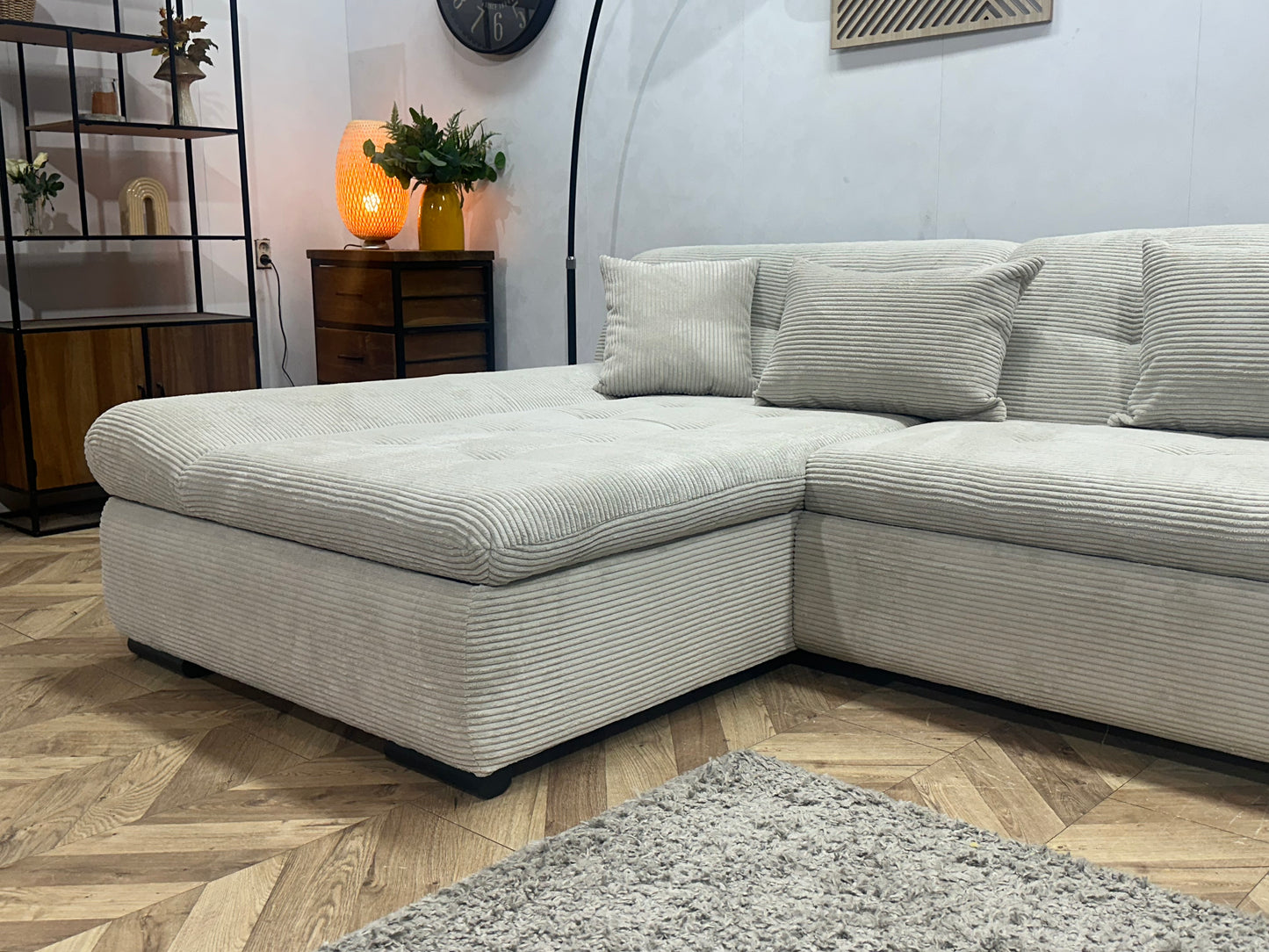 !Showroommodel! Witte Ribstof Hoekbank ~ Slaapfunctie