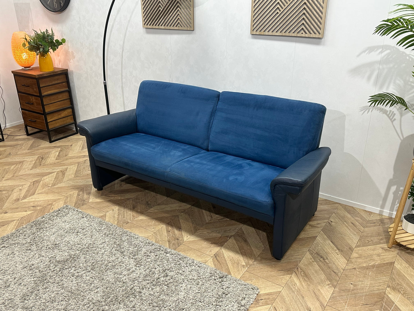 Blauwe Velvet/Lederen 2.5-Zits Bank ~ Vaste Kussens