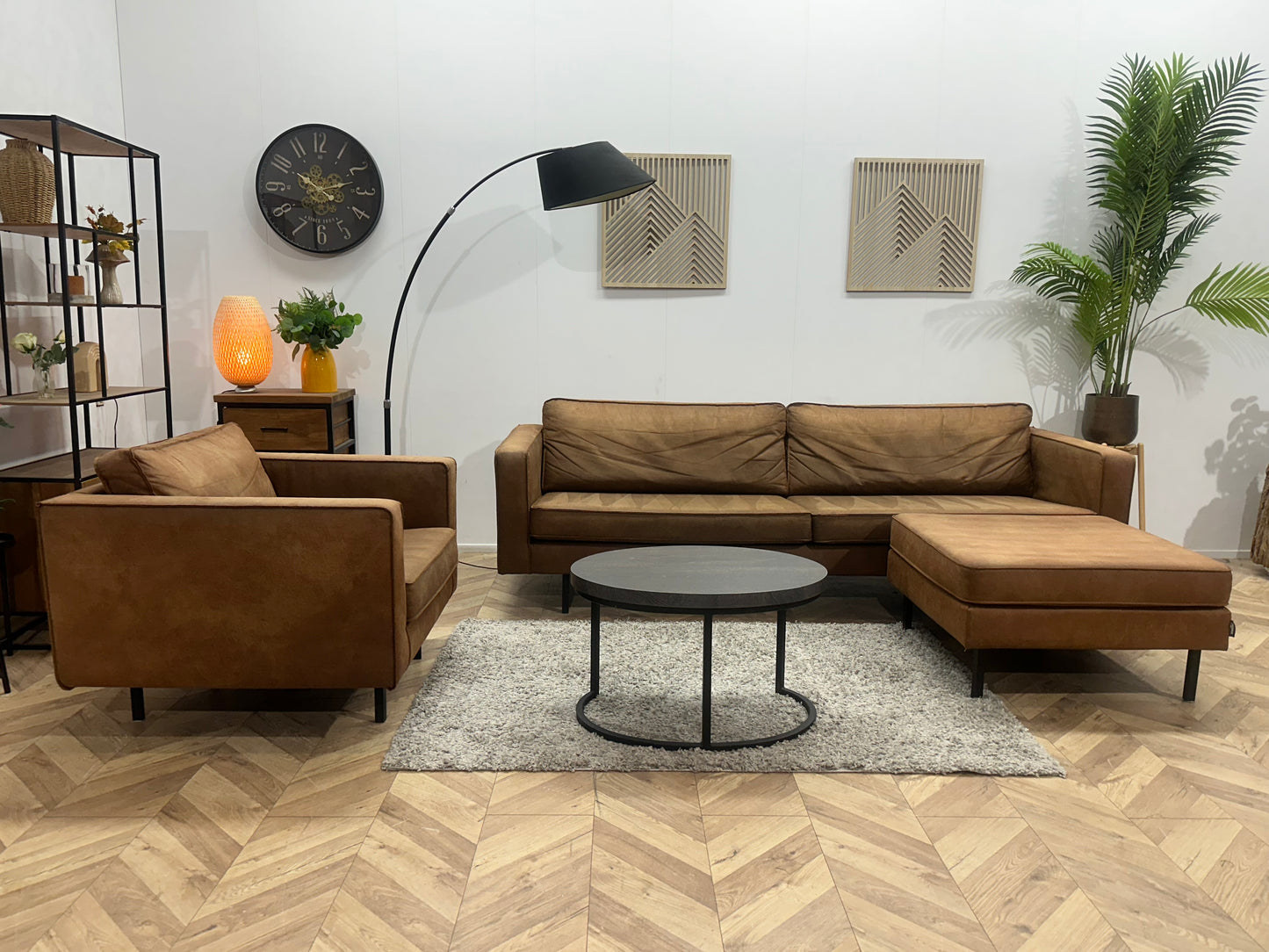 Woood Cognac Bruine Suède Stoffen Hoekbank Inc Fauteuil ~ Losse Kussens Met Afneembare Hoezen
