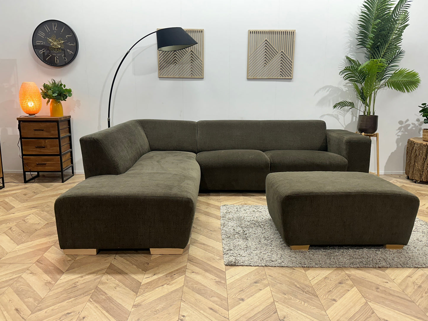 Bruine Suède Stoffen Hoekbank Inc Hocker ~ Vaste Kussens