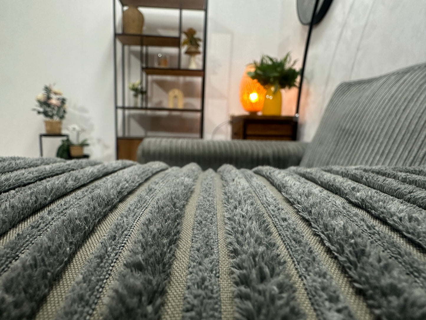 Grijze Ribstof Hoekbank ~ Losse Kussens Met Afneembare Hoezen