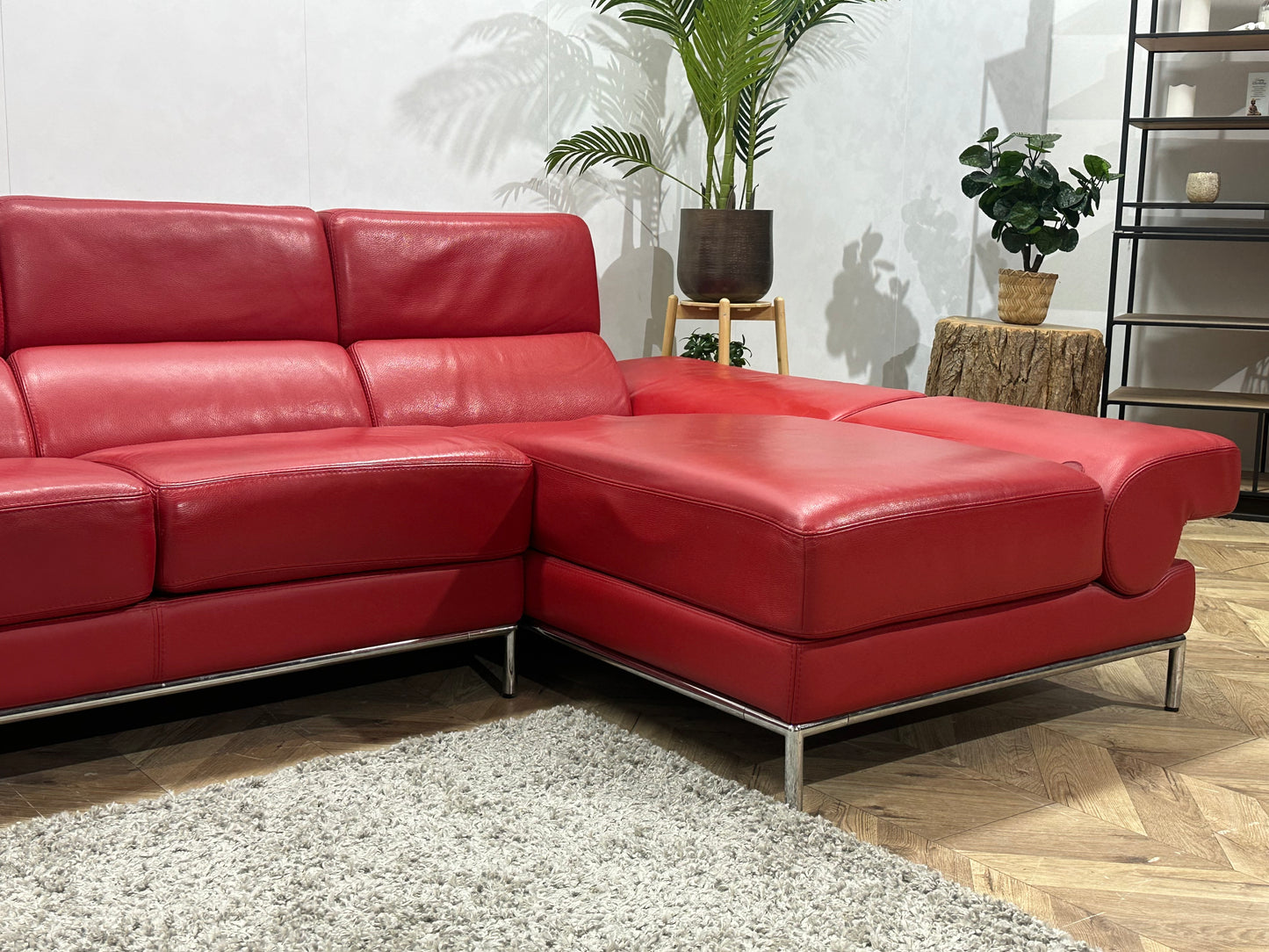 Rode Echt Lederen Hoekbank ~ Verstelbare Arm/Hoofdsteunen