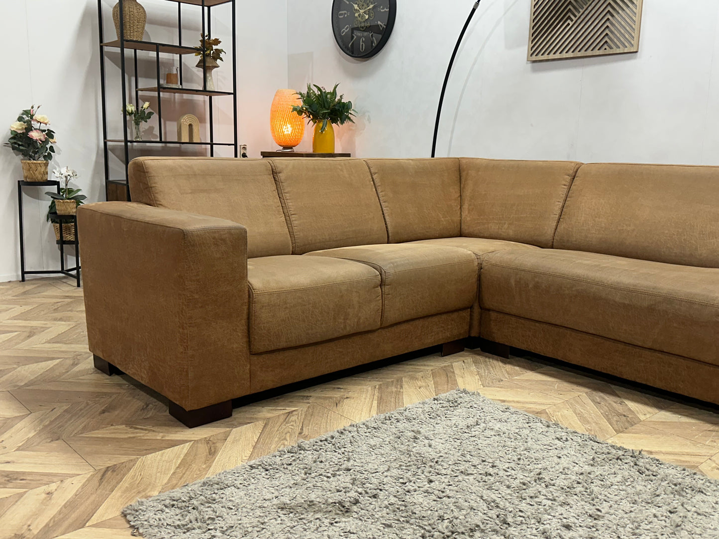 Cognac Bruine Suède Stoffen Hoekbank ~ Vaste Kussens
