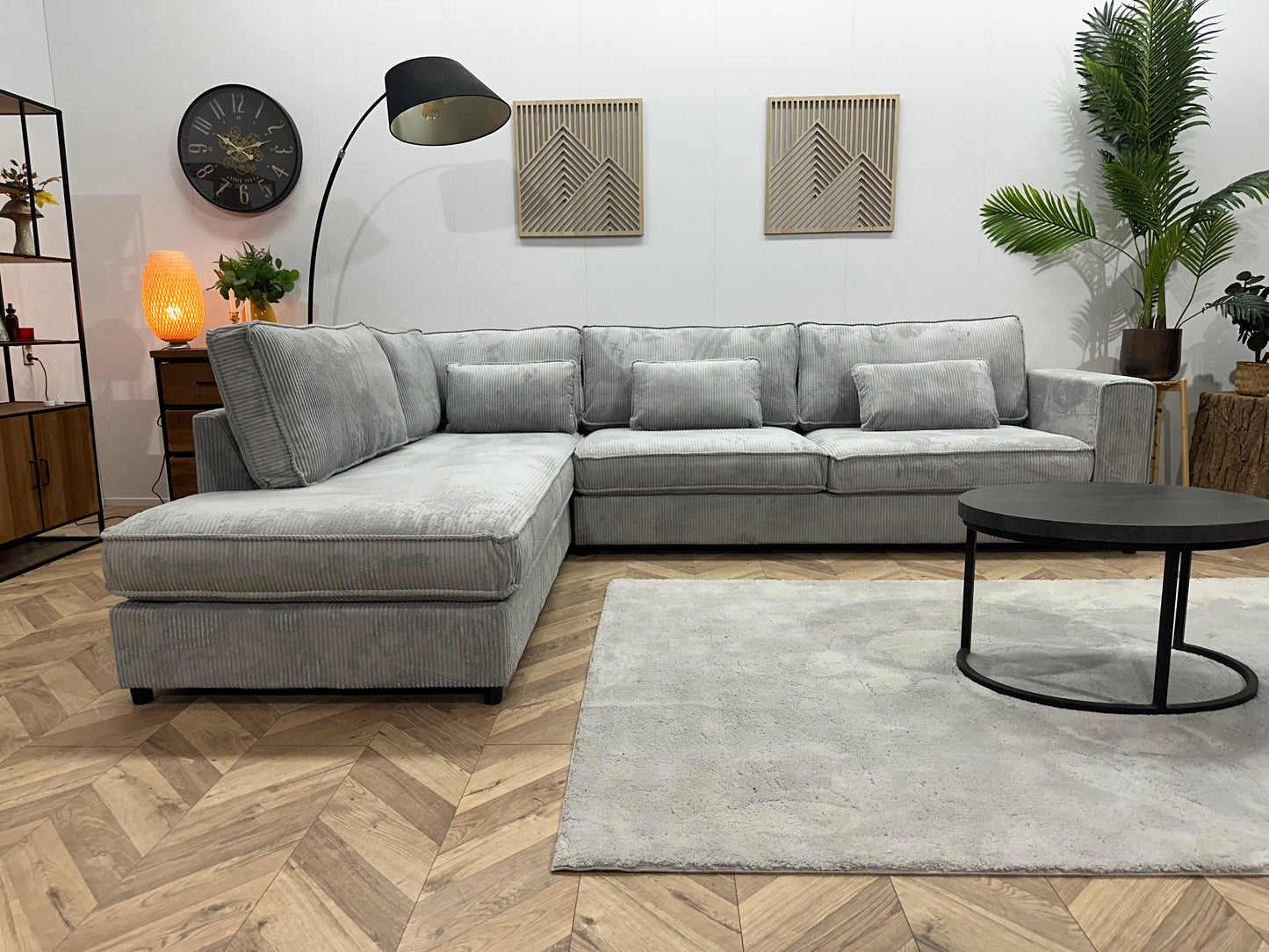 !Showroommodel! Licht Blauwe Ribstof Hoekbank Beide Hoeken Mogelijk