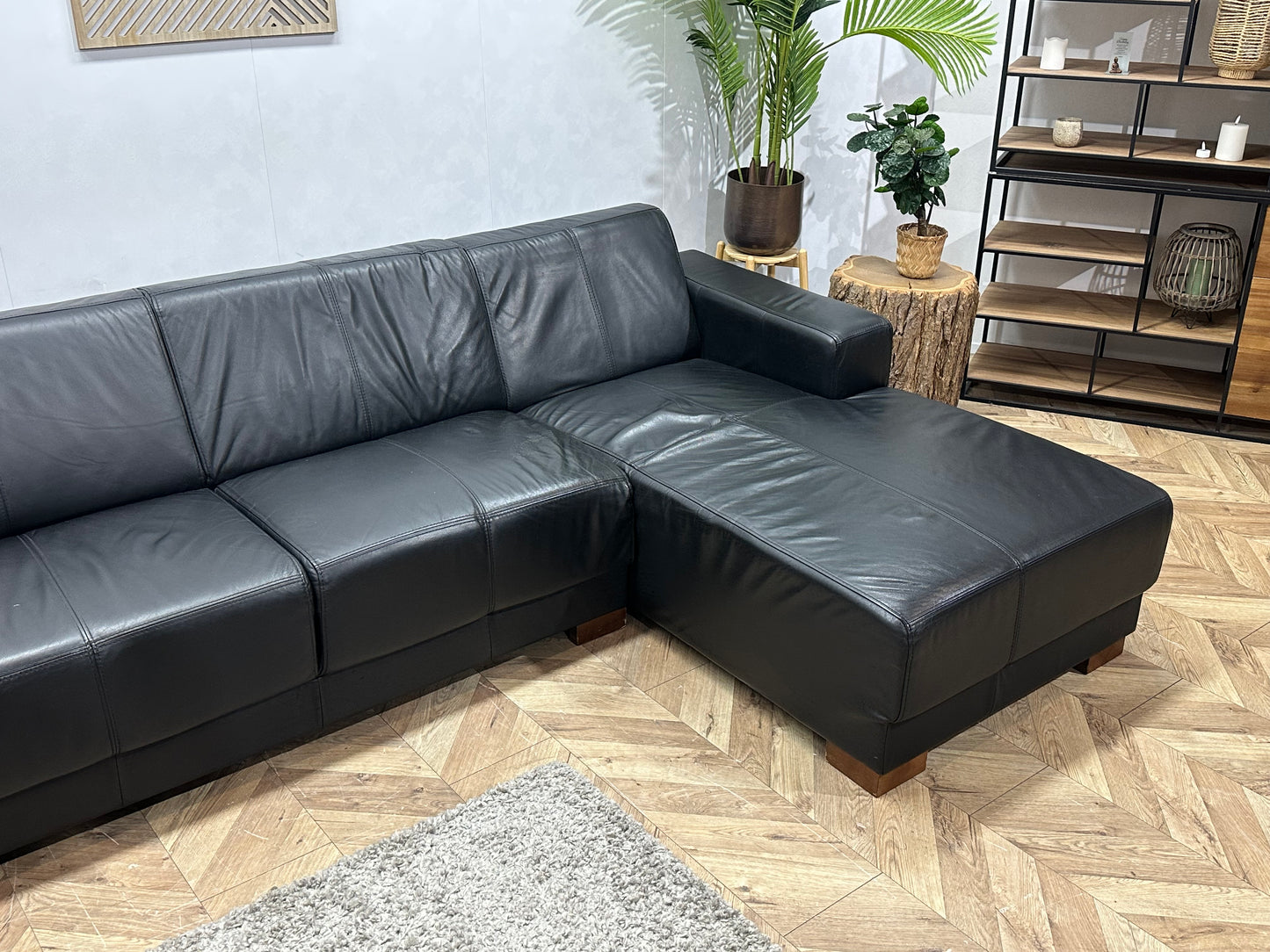 Zwarte Echt Lederen Hoekbank ~ Vaste Kussens