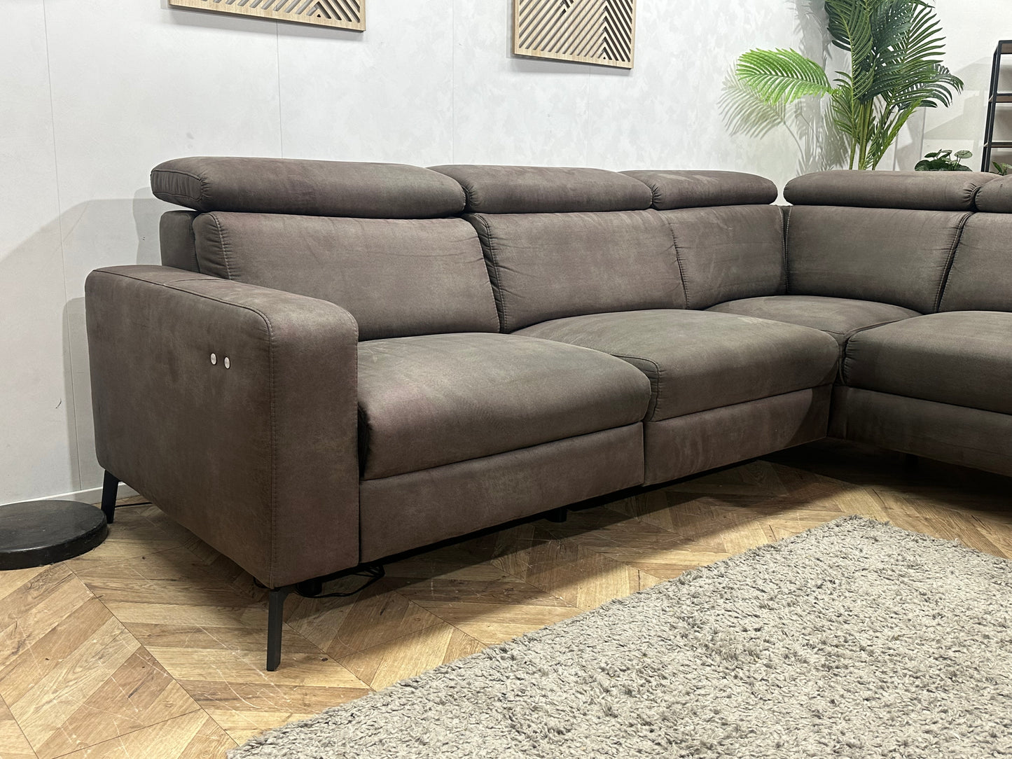 H&H Bruine Suède Stoffen Hoekbank ~ Relaxfunctie