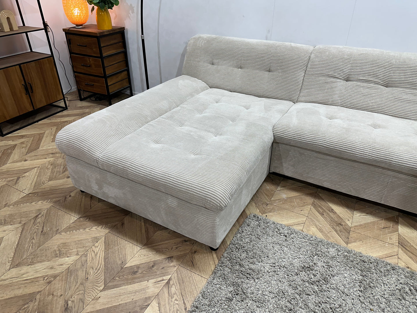 !Showroommodel! Crème Ribstof Hoekbank ~ Opbergruimte