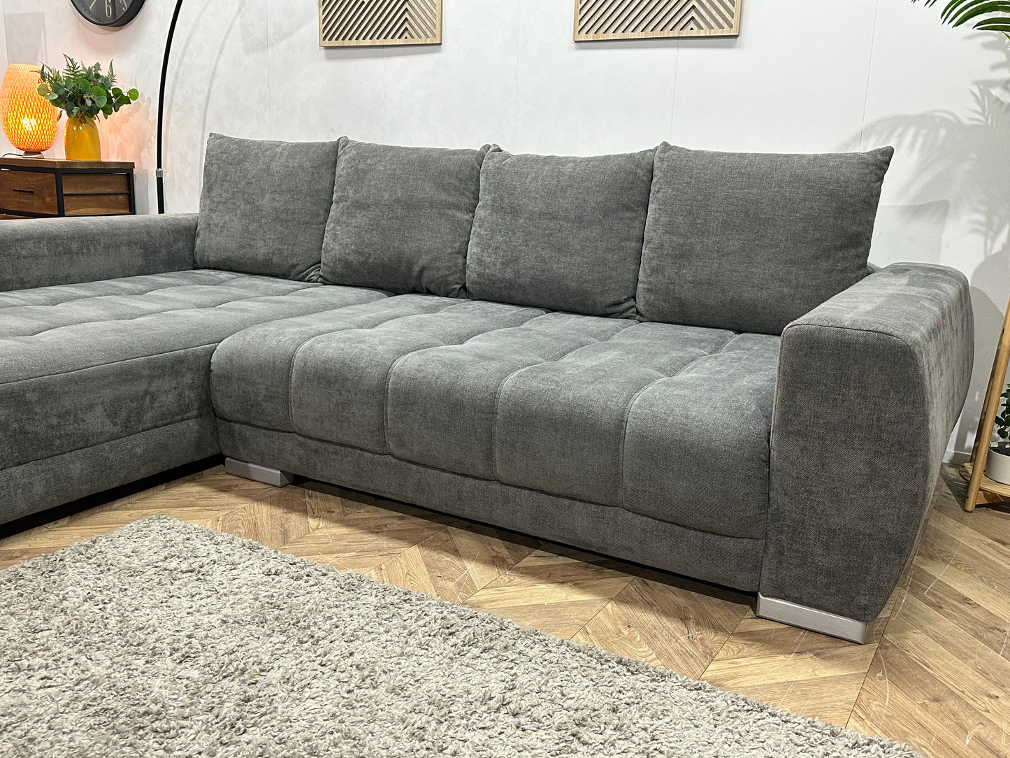 Antraciet Ruime Suede Stoffen Hoekbank ~ Nieuwstaat