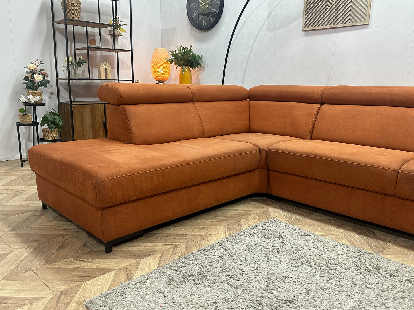 Cognac Bruine Suède Stoffen Hoekbank ~ Verstelbare Arm/ Hoofdsteunen