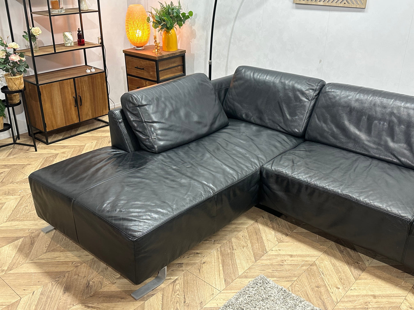 Zwarte Echt Lederen Hoekbank Inc Hocker ~ Vaste Kussens