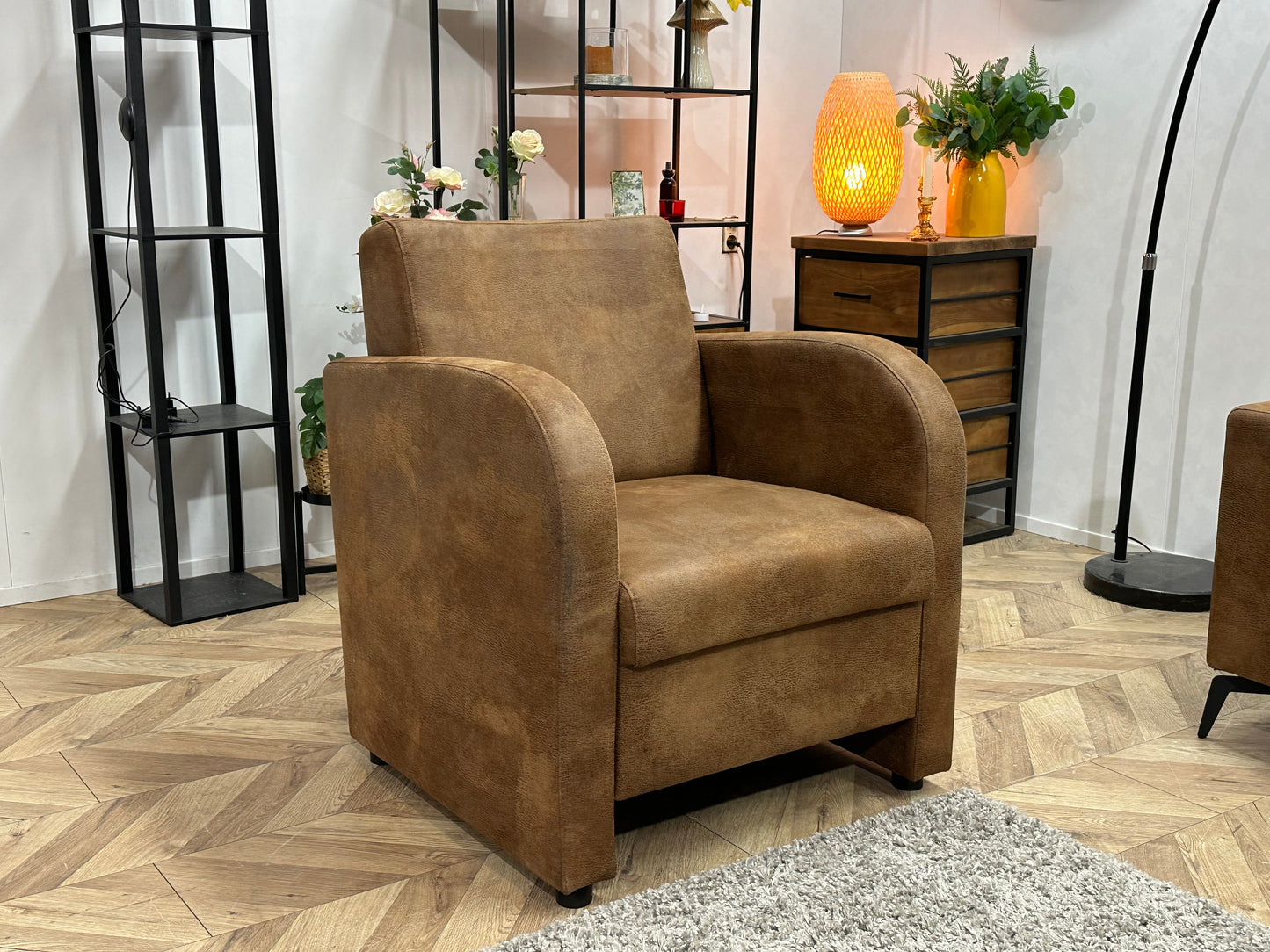 Cognac Bruine Suède Stoffen Inc Fauteuil ~ Losse Rugkussens Met Afneembare Hoezen
