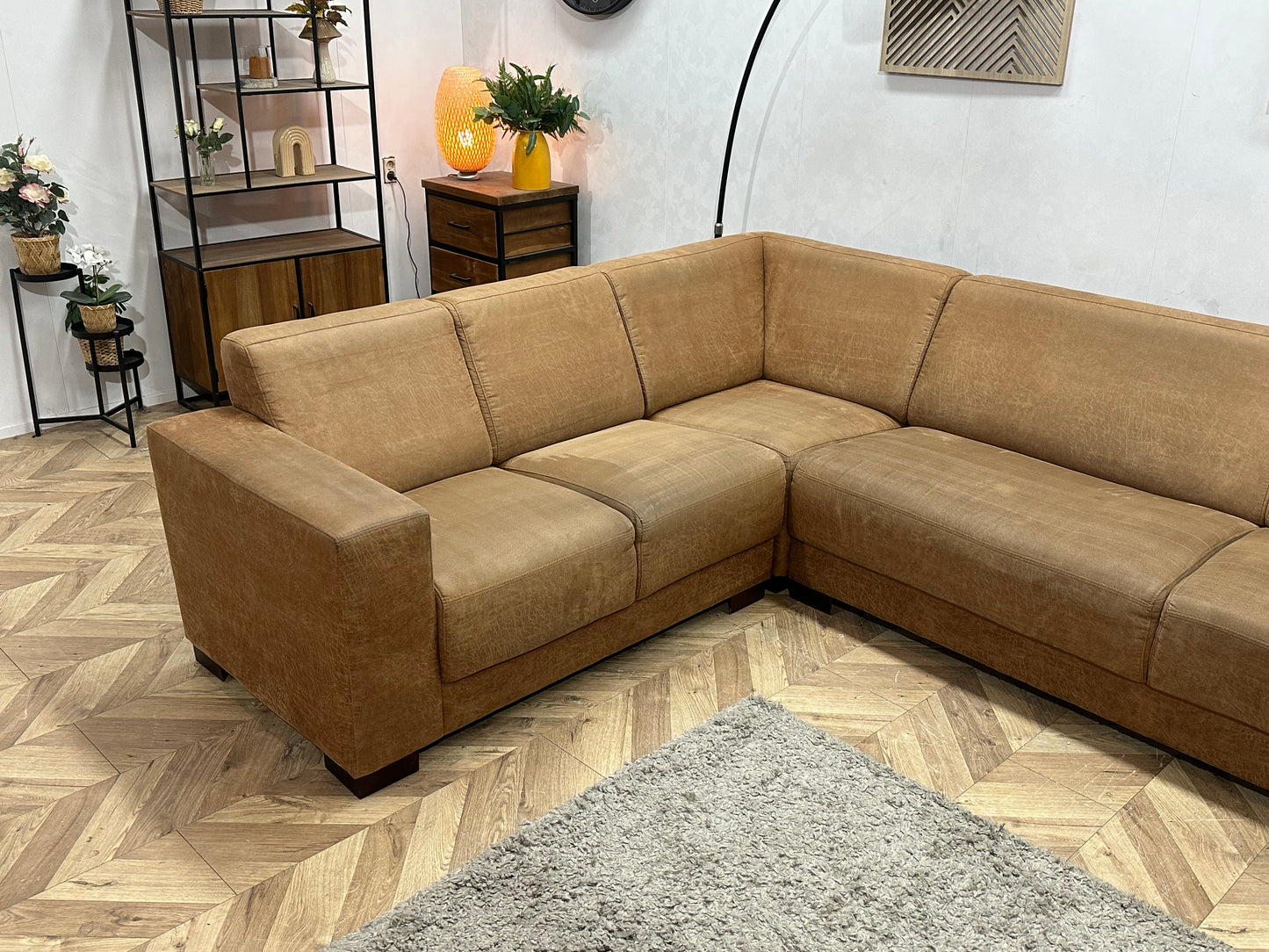 Cognac Bruine Suède Stoffen Hoekbank ~ Vaste Kussens